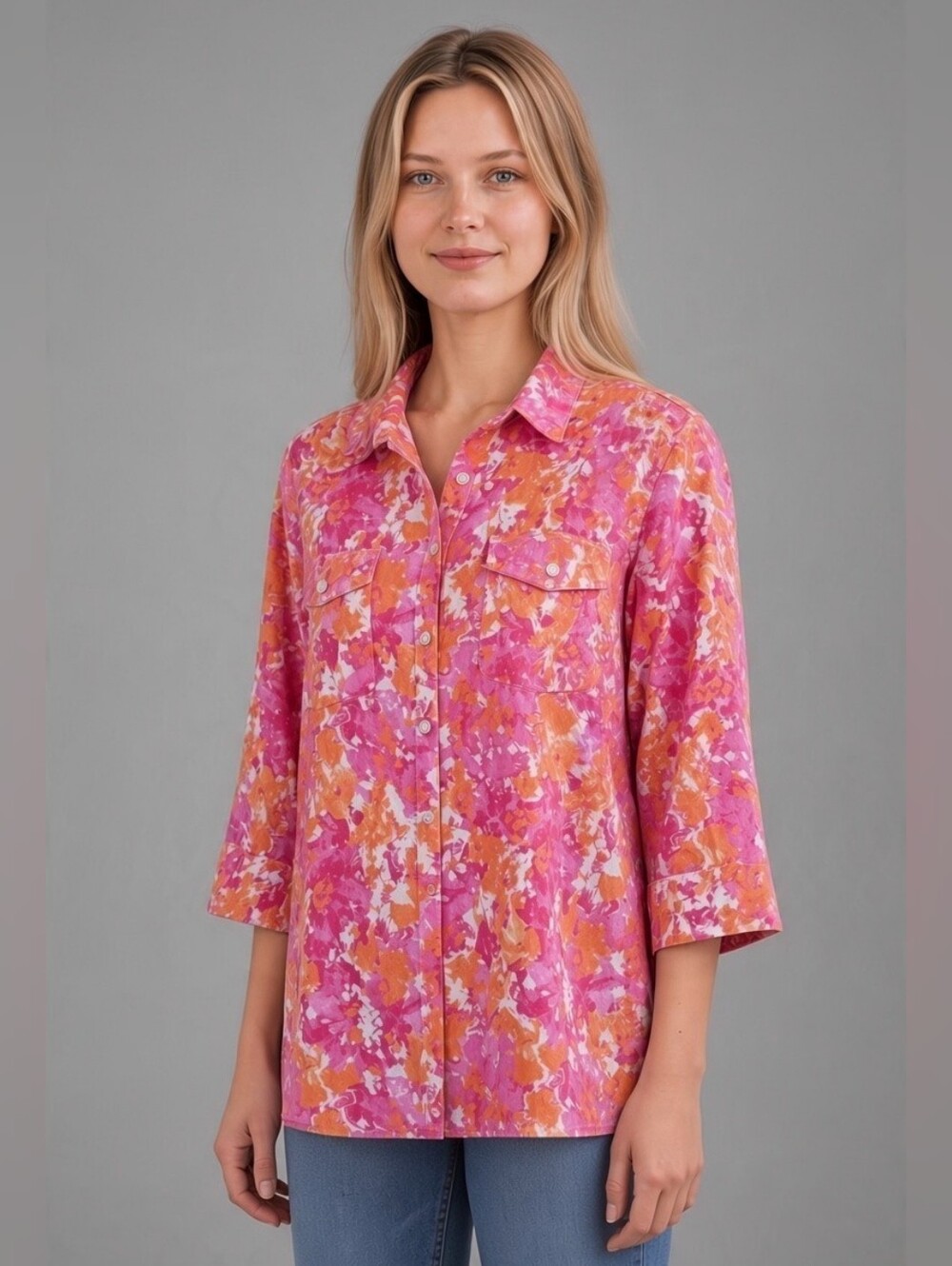 croft & barrow Cotton Pink and Orange Abstract Print Button-Down Shirt